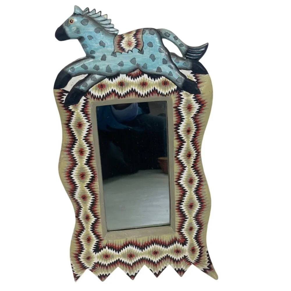 Folk Art Hand Carved Horse Mirror Wood Frame Southwestern Primitive Colorful